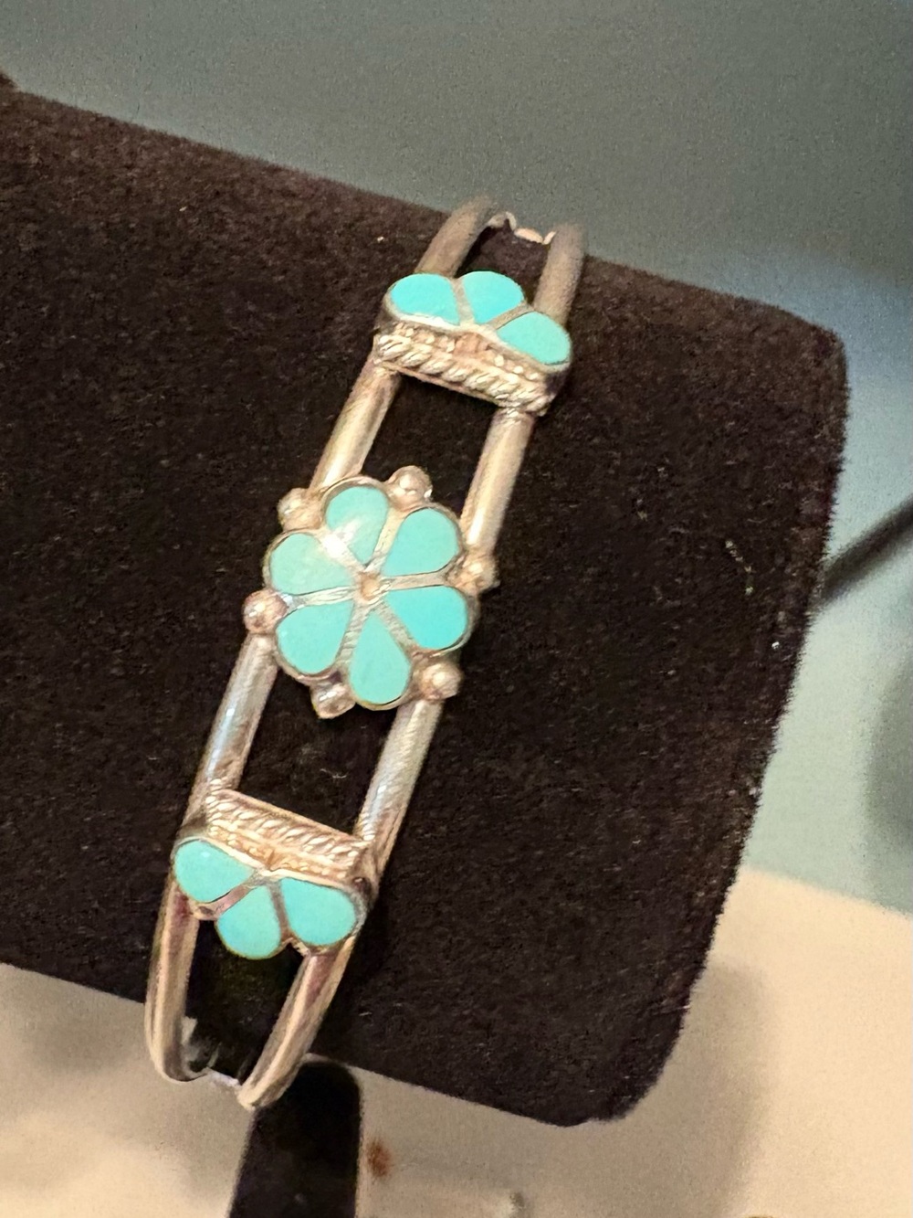 Turquoise Flower Inlay Silver-Tone Bracelet -unmarked- acid test sterling